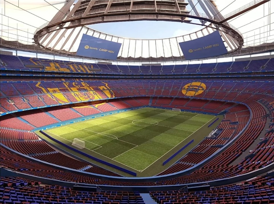 an empty soccer stadium with spotify camp nou banners hanging from the ceiling