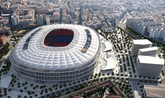 an aerial view of a stadium that says ' fcbarcelona ' on it