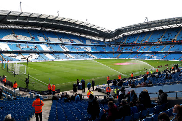 Etihad Stadium biggest stadiums in the EPL MANCHESTER, ENGLAND - JANUARY 07: General view inside the stadium prior to the Emirates FA Cup Third Round match between Manchester City and Huddersfield Town at Etihad Stadium on January 07, 2024 in Manchester, England.