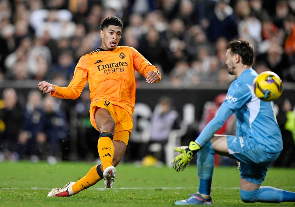 Jude Bellingham of Real Madrid scores a goal.