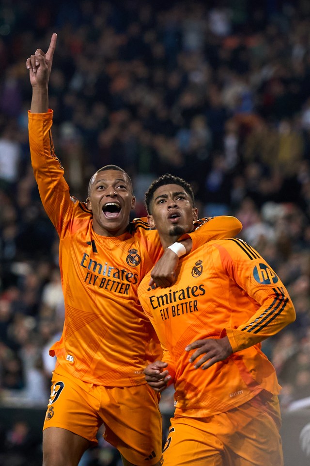 Jude Bellingham and Kylian Mbappé of Real Madrid celebrate a goal.
