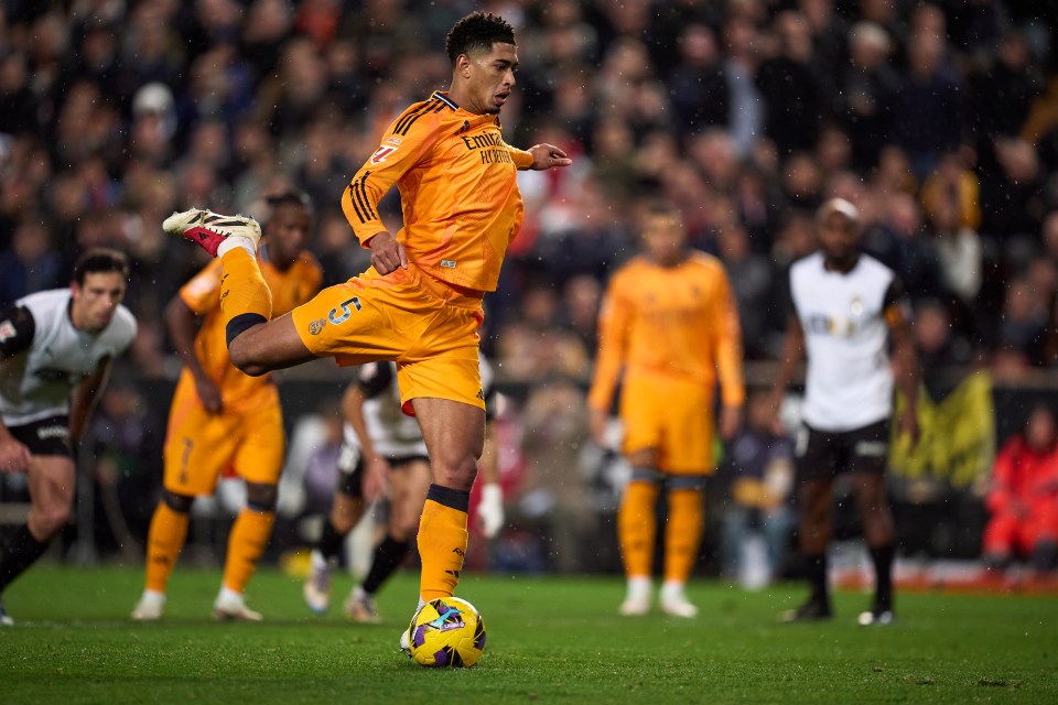 Jude Bellingham of Real Madrid misses a penalty kick.