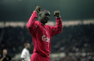 Emile Heskey celebrates a goal for Liverpool against Derby County in October 2000.