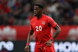 Jonathan David of Canada during the Canada v Curacao CONCACAF Nations League Group C match at BC Place on June 9, 2022 in Vancouver, Canada.