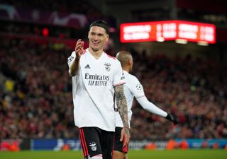 Darwin Nunez celebrates scoring a goal which is later disallowed during the UEFA Champions League quarter final, second leg match at Anfield, Liverpool