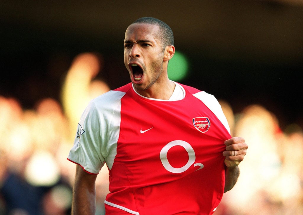 Thierry Henry celebrates scoring Arsenal's 2nd goal during the Premier League match between Arsenal and Chelsea on October 18, 2003 in London, Engl...