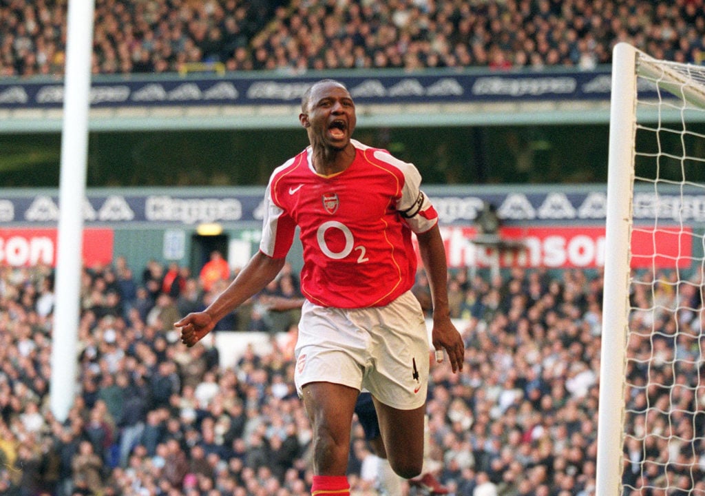 Patrick Vieira celebrates scoring a goal for Arsenal during the Premier League match between Tottenham Hotspur and Arsenal on November 13, 2004 in ...