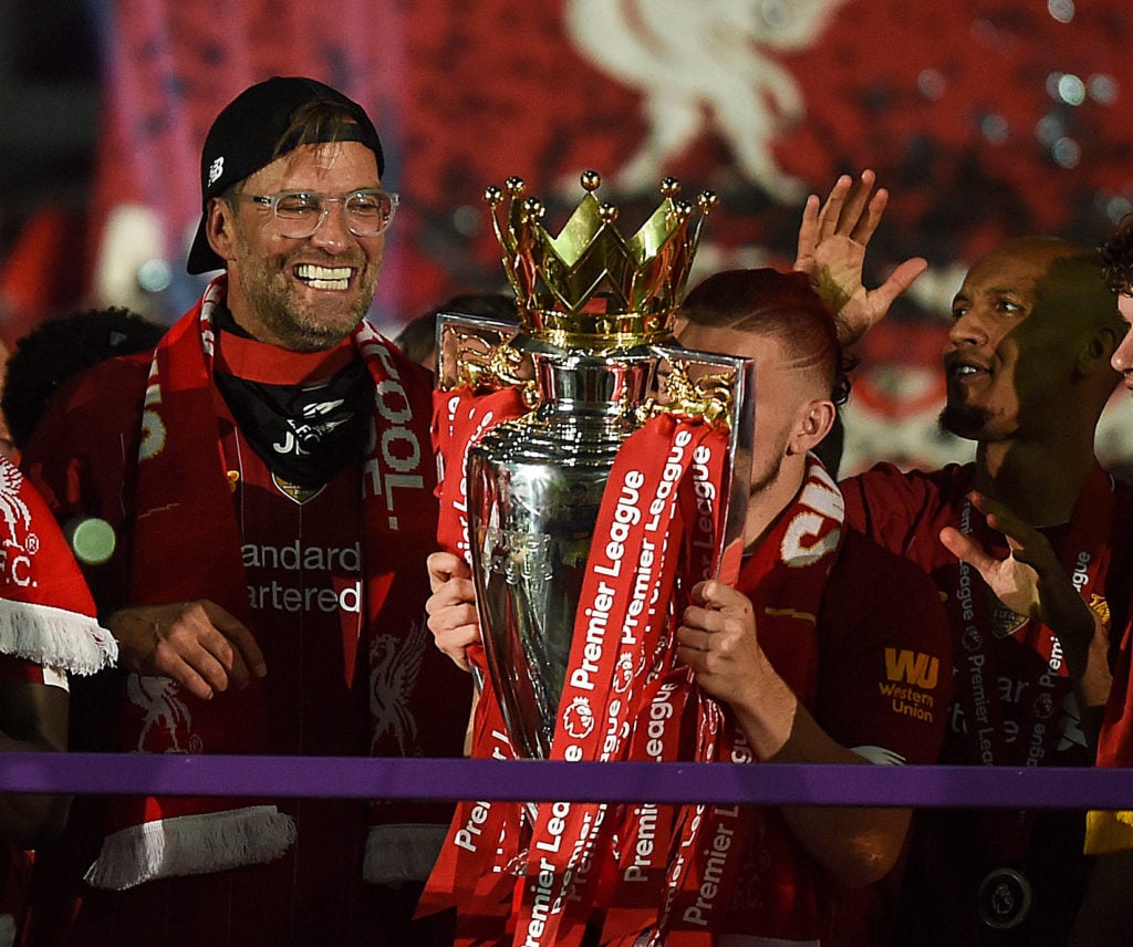 (THE SUN ON SUNDAY OUT) Jurgen Klopp manager of Liverpool with the Trophy at the end of the Premier League match between Liverpool FC and Chelsea F...