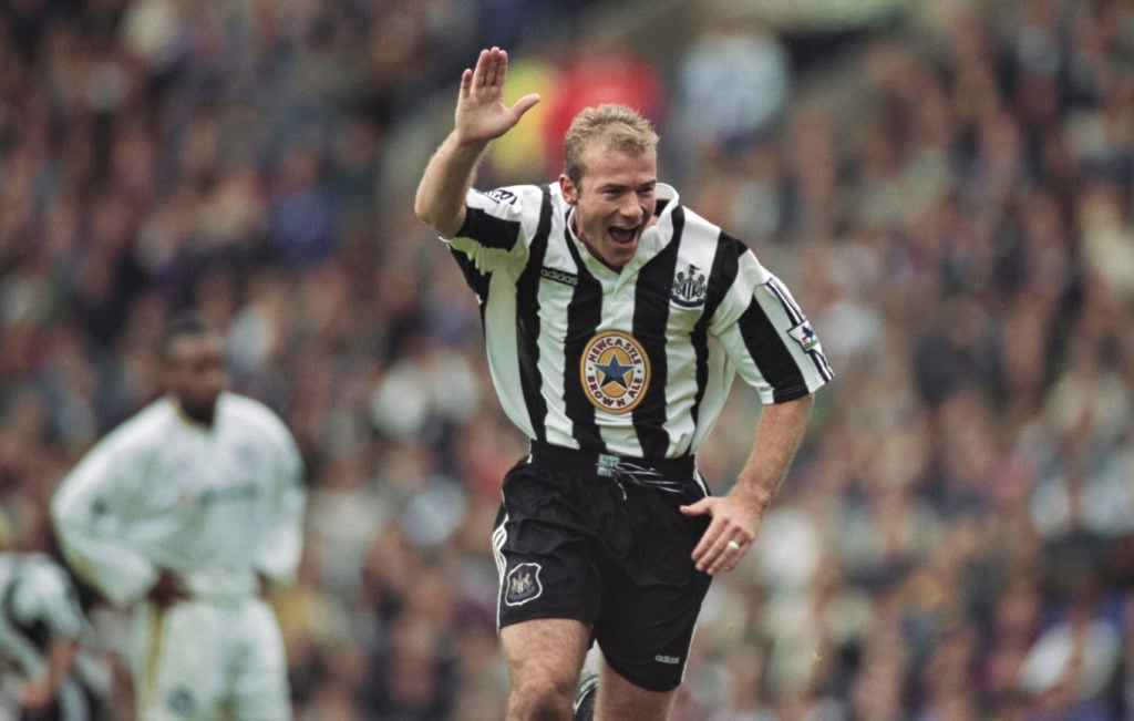 Newcastle United striker Alan Shearer celebrates with his trademark one armed salute after scoring the only goal in a 1-0 FA Premier League victory...