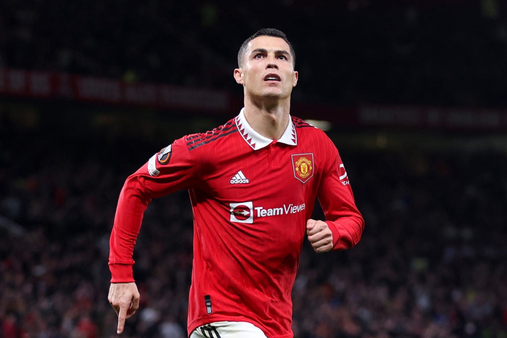 Cristiano Ronaldo of Manchester United celebrates after scoring their team's third goal during the UEFA Europa League group E match between Manches...