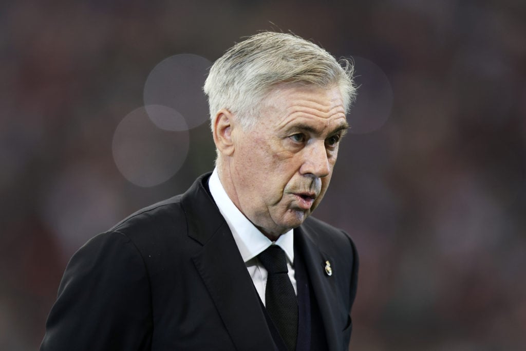 Carlo Ancelotti, Head Coach of Real Madrid, looks on prior to the Super Copa de Espana Final match between Real Madrid and FC Barcelona at King Fah...