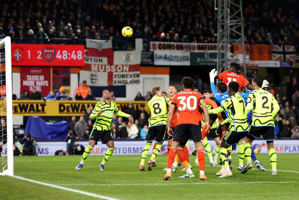 Elijah Adebayo of Luton Town scores the team's second goal as David Raya of Arsenal fails to make a save during the Premier League match between Lu...