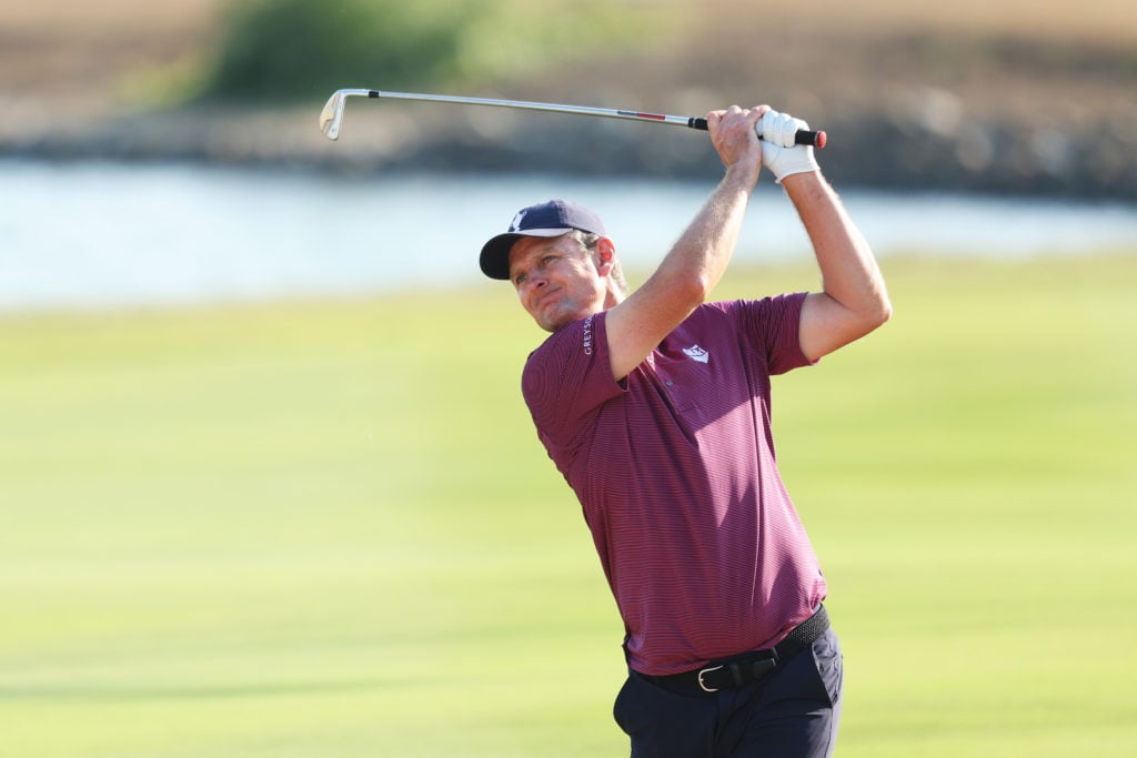 Justin Rose, Captain of Team Great Britain & Ireland reacts following his second shot on the 17th hole during fourballs on day one of the Team ...