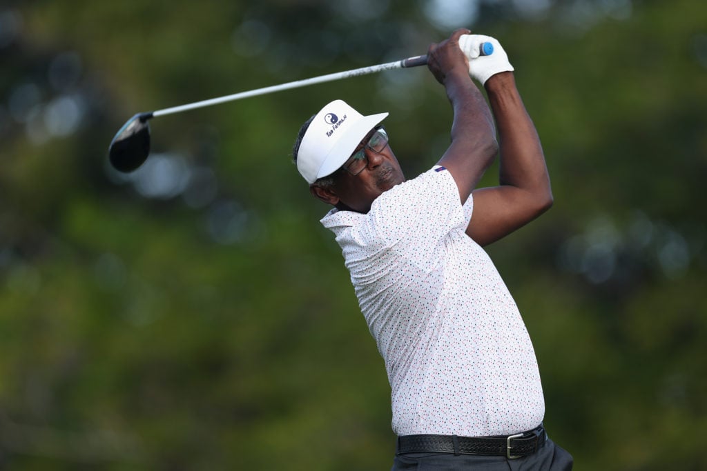 Vijay Singh of Fiji plays a tee shot on first hole during the second round of the Mitsubishi Electric Championship at Hualalai at Hualalai Golf Clu...