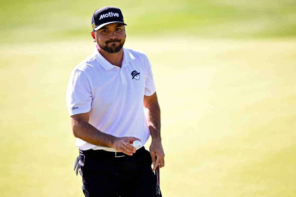 Jason Day of Australia reacts to his birdie putt on the first hole during the final round of The American Express 2025 at Pete Dye Stadium Course o...