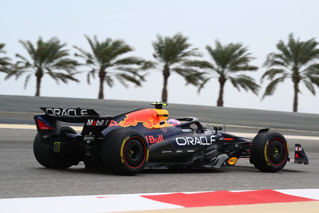 Liam Lawson of New Zealand driving the (30) Oracle Red Bull Racing RB21 drives on track  during day one of F1 Testing at Bahrain International Circ...