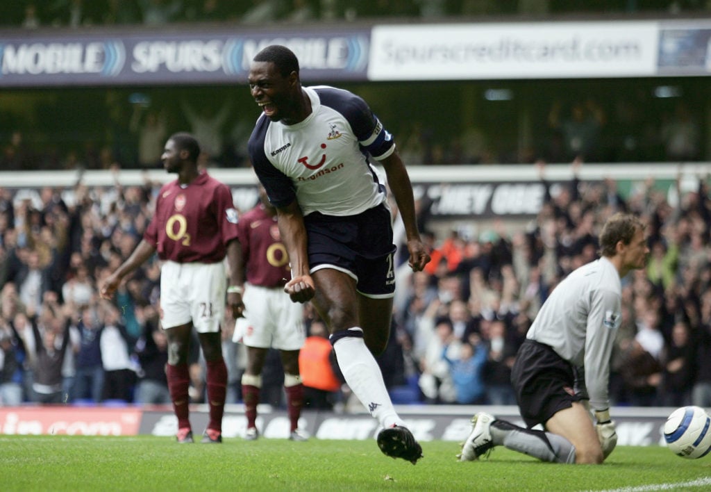 Tottenham Hotspur captain Ledley King celebrates after scoring the opening goal during their Barclays Premiership match against Arsenal at White Ha...