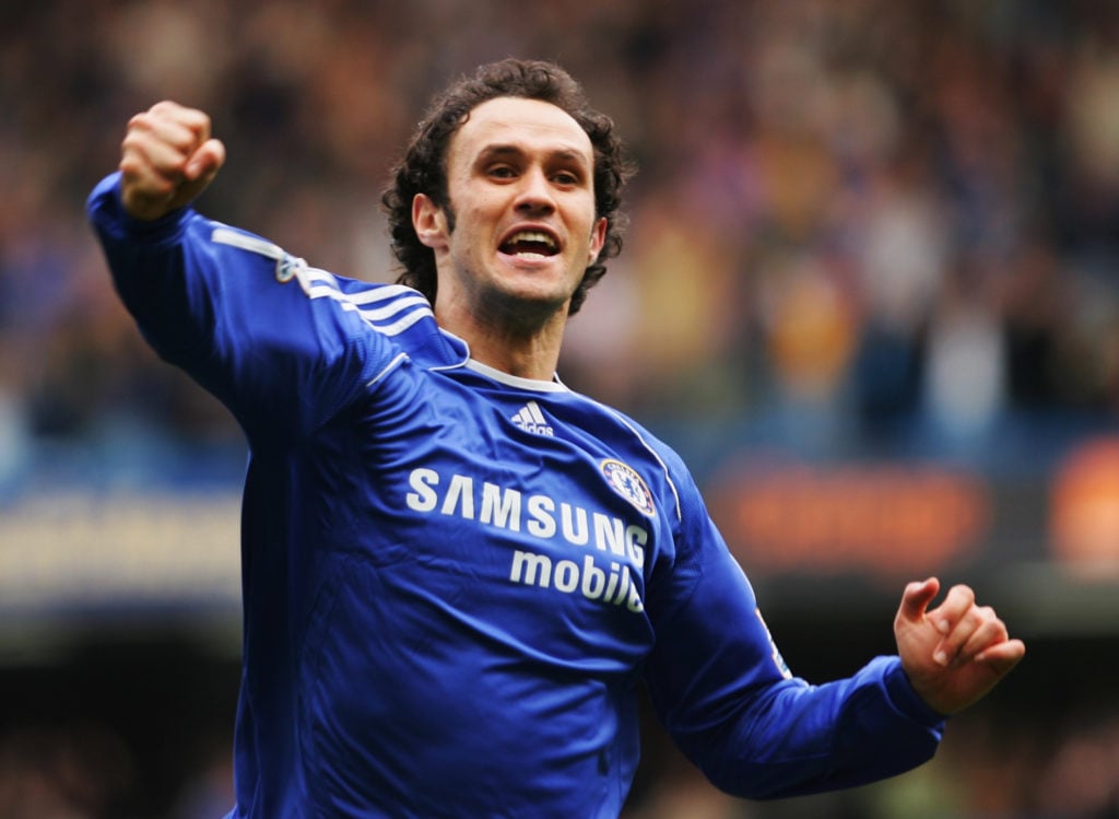 Ricardo Carvalho of Chelsea celebrates as he scores their first goal during the Barclays Premiership match between Chelsea and Tottenham Hotspur at...