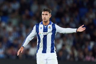 Martin Zubimendi of Real Sociedad reacts during the LaLiga match between Real Sociedad and Atletico de Madrid at Reale Arena on October 06, 2024 in San Sebastian, Spain.