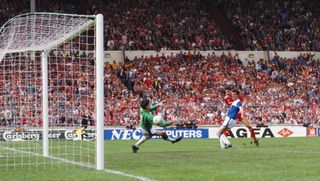 Ian Rush scores for Liverpool against Everton in the 1986 FA Cup final at Wembley.