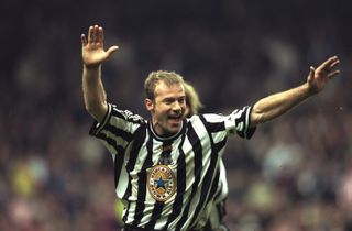 Alan Shearer celebrates after scoring the winner for Newcastle United against Sheffield United in the 1998 FA Cup semi-finals.