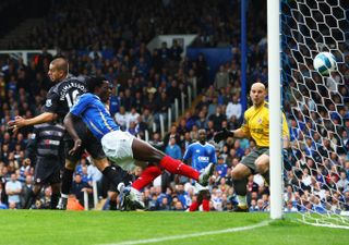 Benjani Mwaruwari scores for Portsmouth against Reading in the Premier League in September 2007.