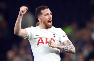 Tottenham's Pierre-Emile Hojbjerg celebrates a win over Arsenal in the Premier League in May 2022.