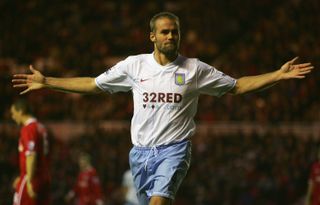 Olof Mellberg celebrates a goal for Aston Villa against Middlesbrough in November 2007.