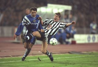 Newcastle's Jon Dahl Tomasson makes a challenge in a game against Dynamo Kyiv in October 1997.