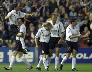 Valencia players celebrate a goal against Leeds United in the Champions League semi-finals in May 2001.