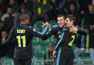 Loic Remy, Andre-Pierre Gignac and Cezar Azpilicueta celebrate a goal for Marseille against Zilina in the Champions League in November 2010.