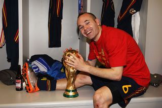 JOHANNESBURG, SOUTH AFRICA - JULY 11: Andres Iniesta of Spain scores during the 2010 FIFA World Cup South Africa Final match between Netherlands and Spain at Soccer City Stadium on July 11, 2010 in Johannesburg, South Africa. (Photo by Jeff Mitchell - FIFA/FIFA via Getty Images)