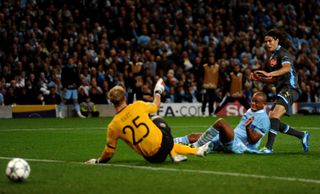 Edinson Cavani scores for Napoli against Manchester City in the Champions League in September 2011.