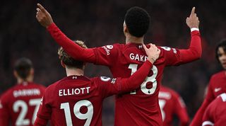 Cody Gakpo celebrates after scoring in Liverpool's 7-0 win over Manchester United in March 2023.