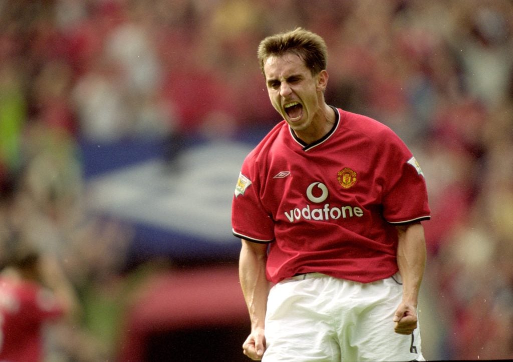 23 Sep 2000:  Gary Neville of Manchester United celebrates during the FA Carling Premiership match against Chelsea at Old Trafford, in Manchester, England. The match ended in a 3-3 draw.  Mandatory Credit: Ben Radford /Allsport