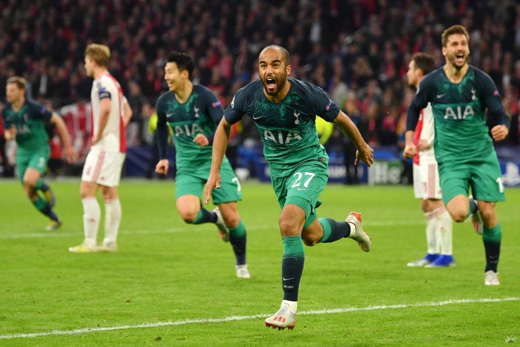 Lucas Moura of Tottenham Hotspur celebrates after scoring his team's third goal during the UEFA Champions League Semi Final second leg match betwee...