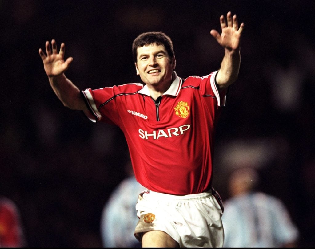 3 Jan 1999:  Denis Irwin of Manchester United celebrates his goal against Middlesbrough in the FA Cup third round match at Old Trafford in Manchester, England. United won 3-1.  Mandatory Credit: Shaun Botterill /Allsport