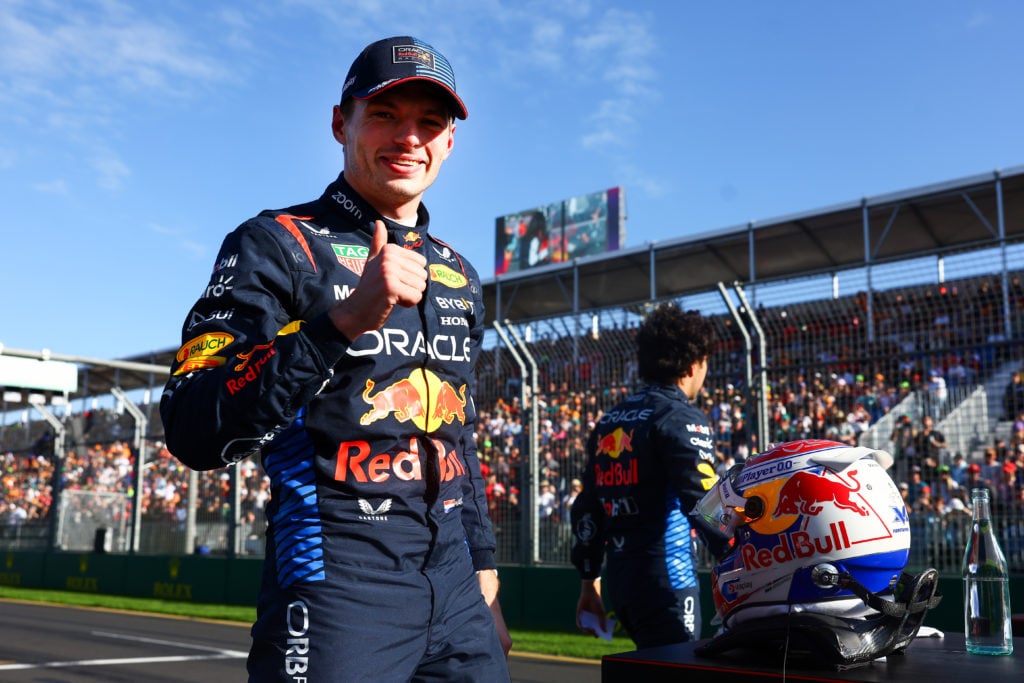 Pole position qualifier Max Verstappen of the Netherlands and Oracle Red Bull Racing celebrates in parc ferme during qualifying ahead of the F1 Gra...