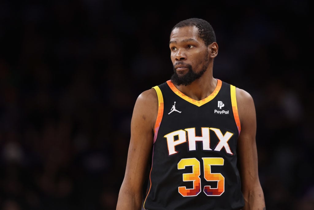 Kevin Durant #35 of the Phoenix Suns reacts during the second half of game four of the Western Conference First Round Playoffs at Footprint Center ...