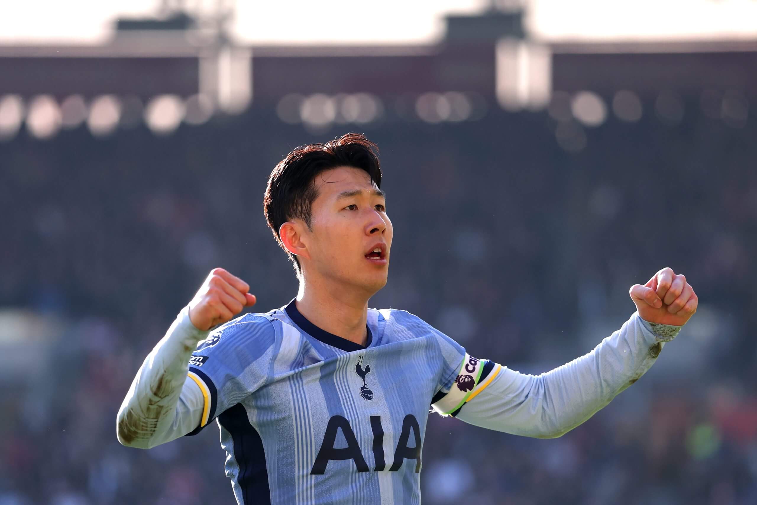 Tottenham Hotspurs' Son Heung-Min celebrates Brentford conceding an own goal