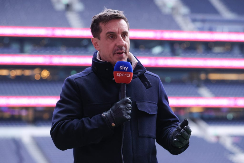 Sky Sports pundit Gary Neville performs a piece to camera during the Premier League match between Tottenham Hotspur FC and Manchester United FC at ...