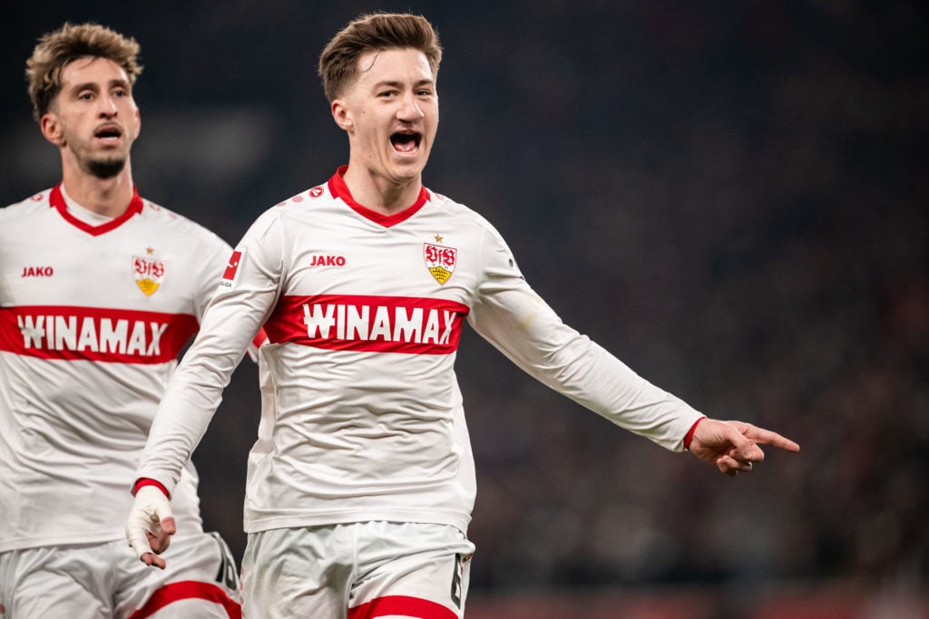 Angelo Stiller of Stuttgart celebrates his team's first goal during the Bundesliga match between VfB Stuttgart and FC Bayern München at MHPArena on...