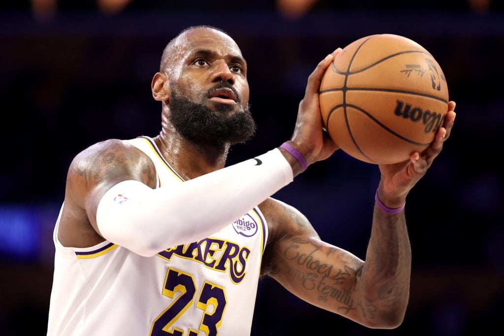 LeBron James #23 of the Los Angeles Lakers in action against the LA Clippers at Crypto.com Arena on March 02, 2025 in Los Angeles, California. (Pho...