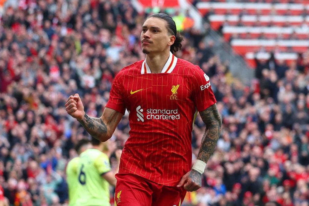 Darwin Nunez of Liverpool celebrates scoring his side's first goal during the Premier League match between Liverpool FC and Southampton FC at Anfie...