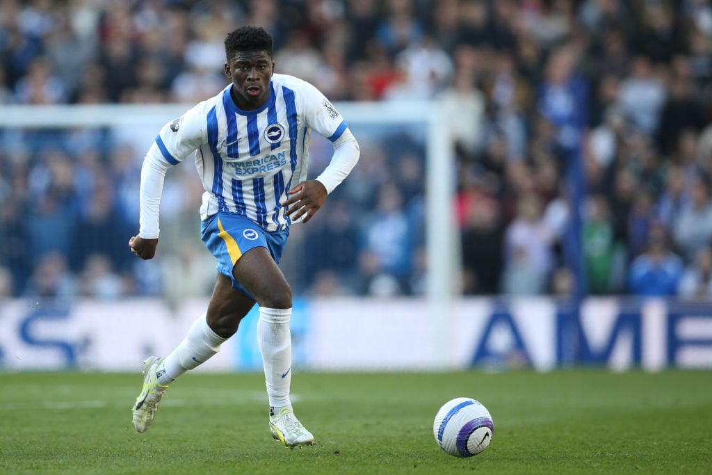 Carlos Baleba of Brighton & Hove Albion FC runs with the ball during the Premier League match between Brighton & Hove Albion FC and Fulham ...