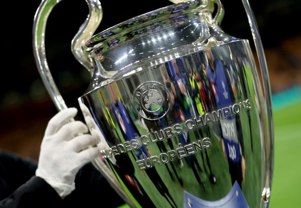 The Champions League trophy before the UEFA Champions League 2024/25 UEFA Champions League 2024/25 Round of 16 Second Leg match between FC Internaz...