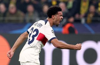 Warren Zaïre-Emery celebrates after scoring for Paris Saint-Germain against Borussia Dortmund in the Champions League in December 2023.