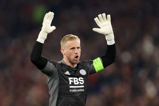 Kasper Schmeichel in action for Leicester City against Roma in the Europa Conference League in May 2022.