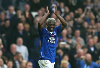 Arouna Kone celebrates after scoring a hat-trick for Everton against Sunderland in November 2015.