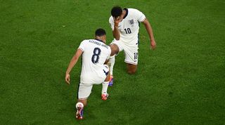 Jude Bellingham and Liverpool defender Trent Alexander-Arnold celebrate after the Real Madrid miidfilder's goal for England against Serbia at Euro 2024.